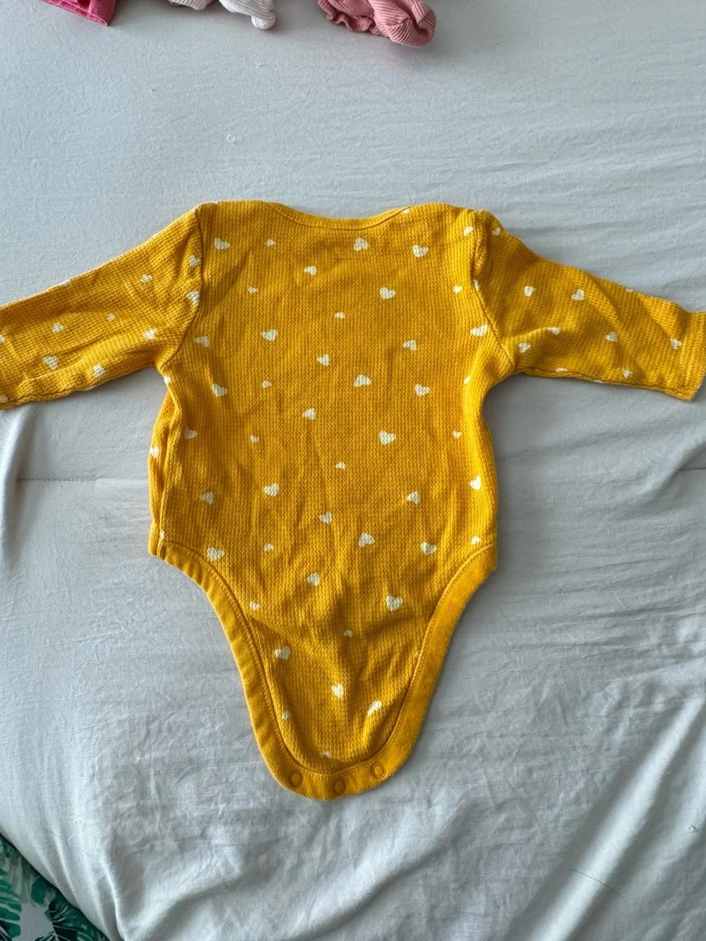 Old Navy Yellow Long-Sleeve Baby One-Piece with White Heart Print